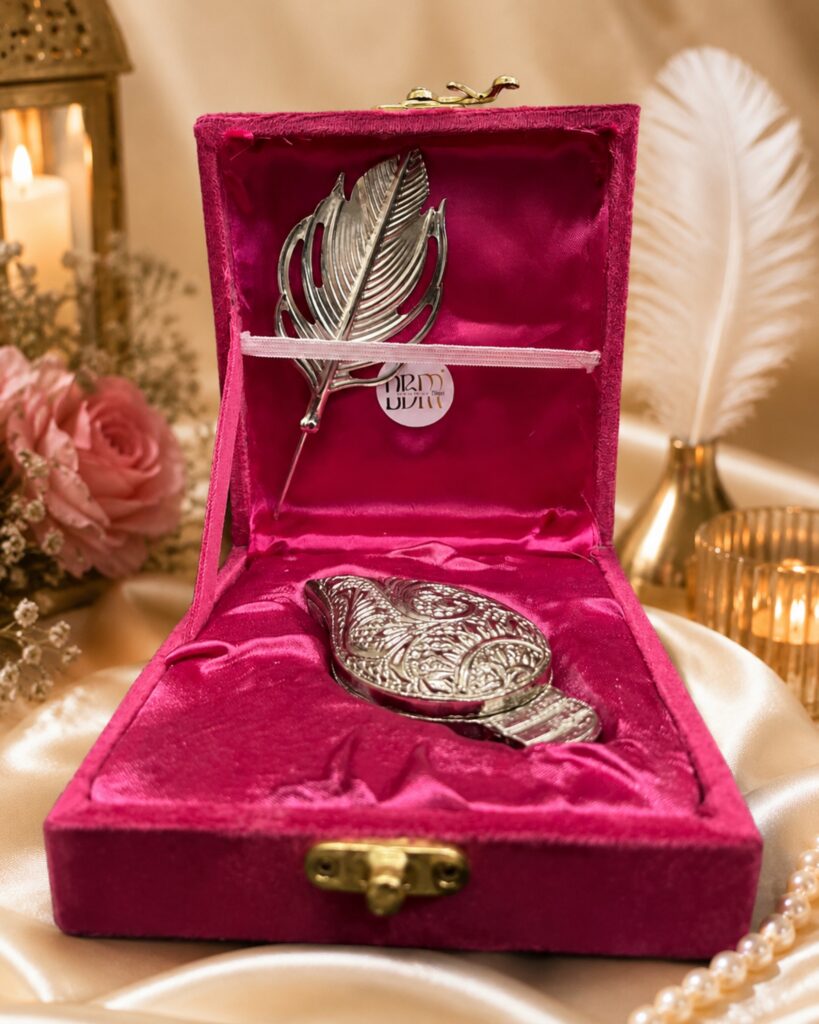 Feather Tilak and Roli tikka set metal finish