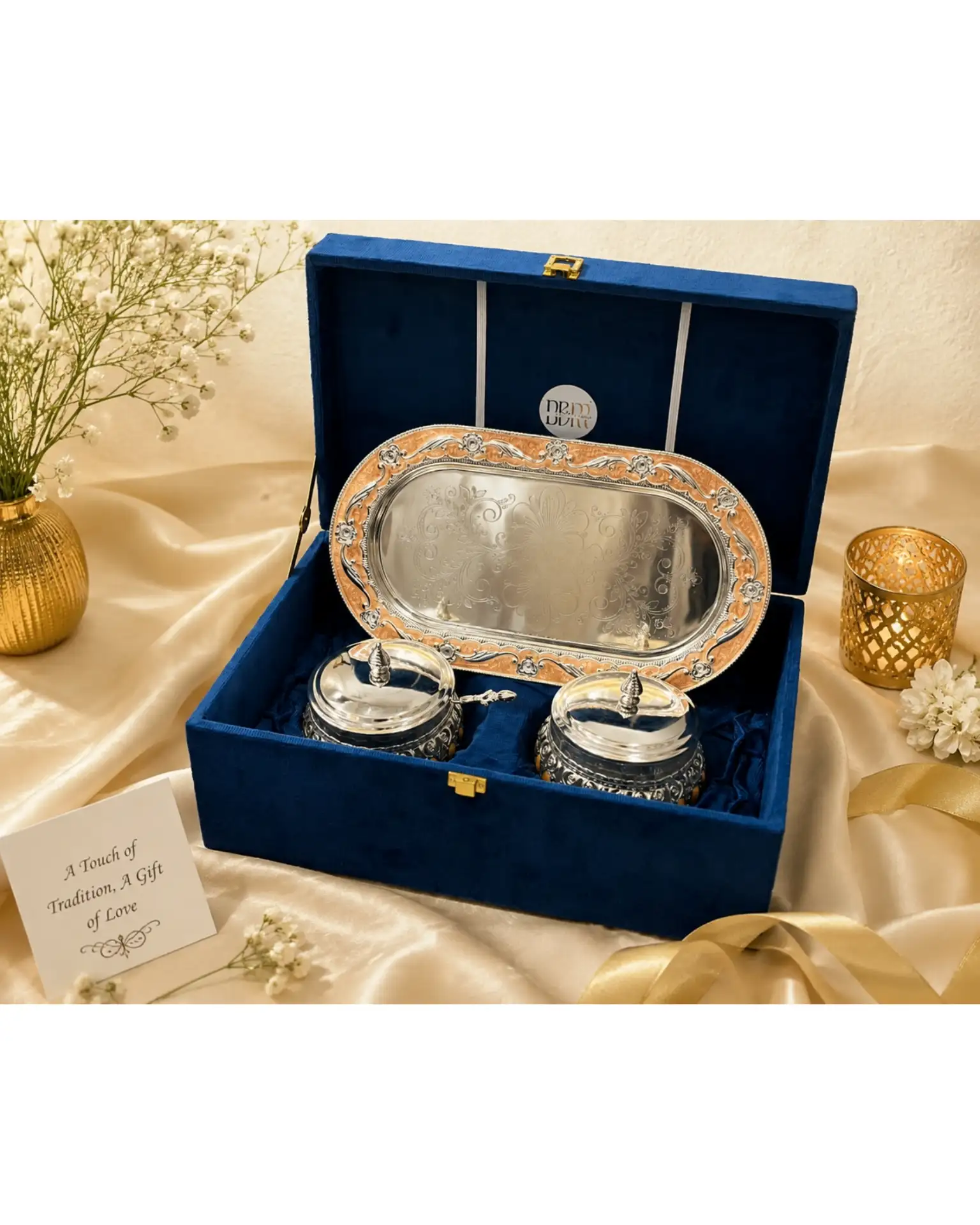 Peach Enamel Tray Set with 2 Jars & Spoons