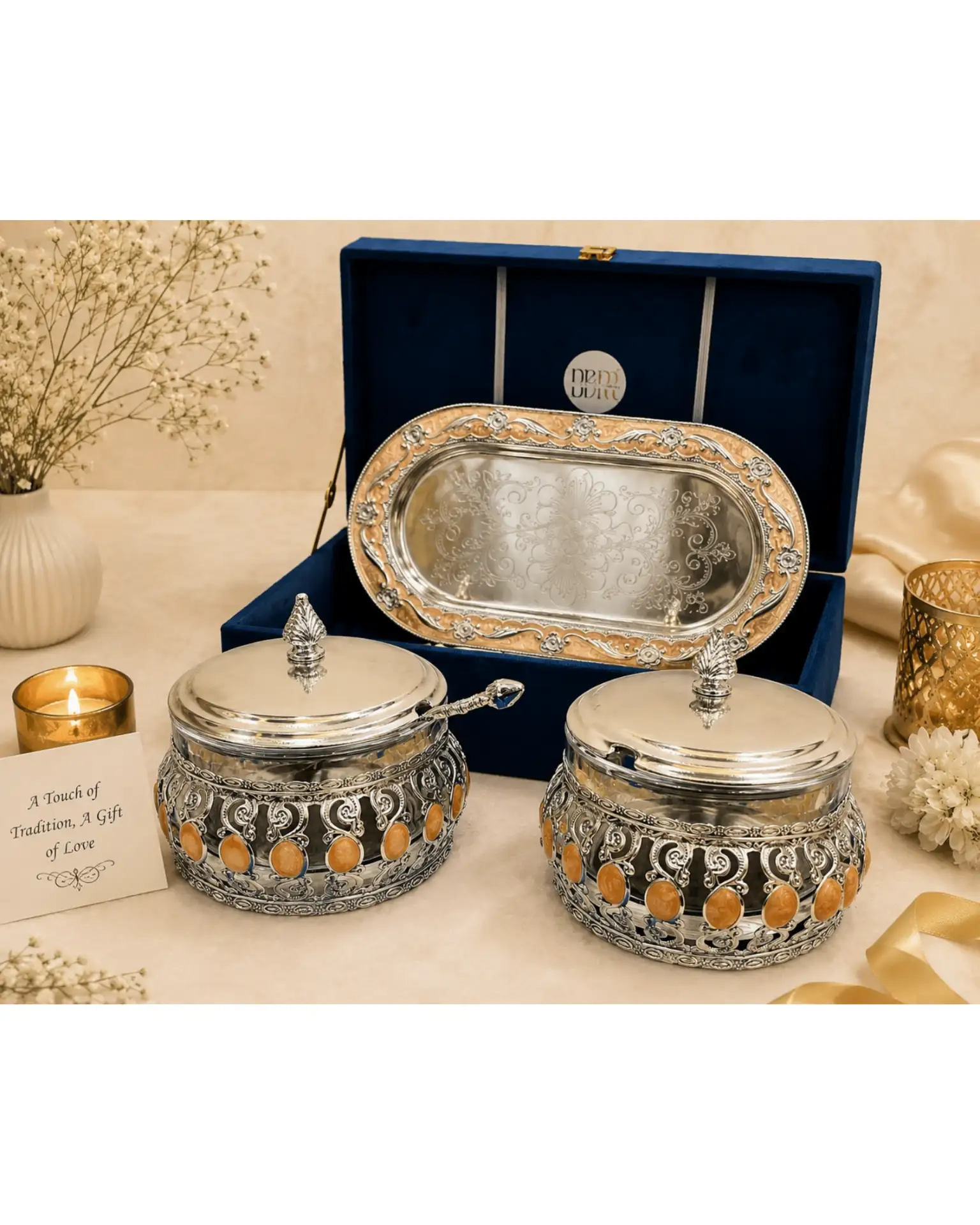 Peach Enamel Tray Set with 2 Jars & Spoons - Image 2