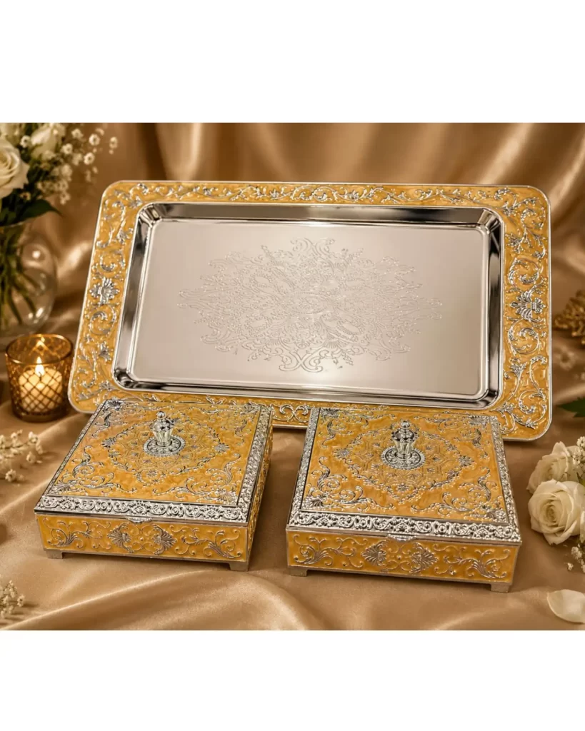 Peach Enamel Reectangular Tray with Boxes