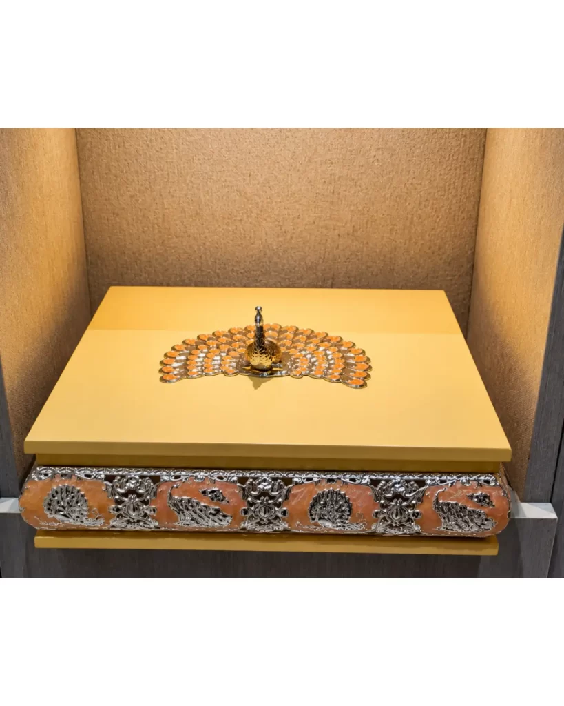 Peach Enamel 4 compartment box with Peacock on top